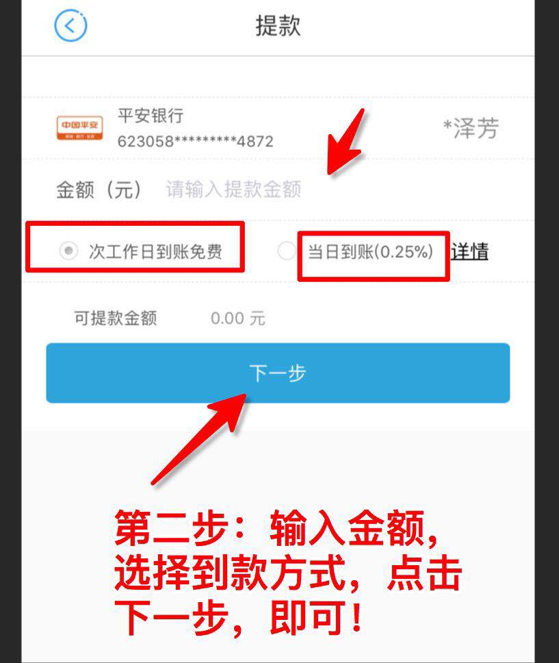 随行付提款：输入金额，选择到款方式，点击下一步即可